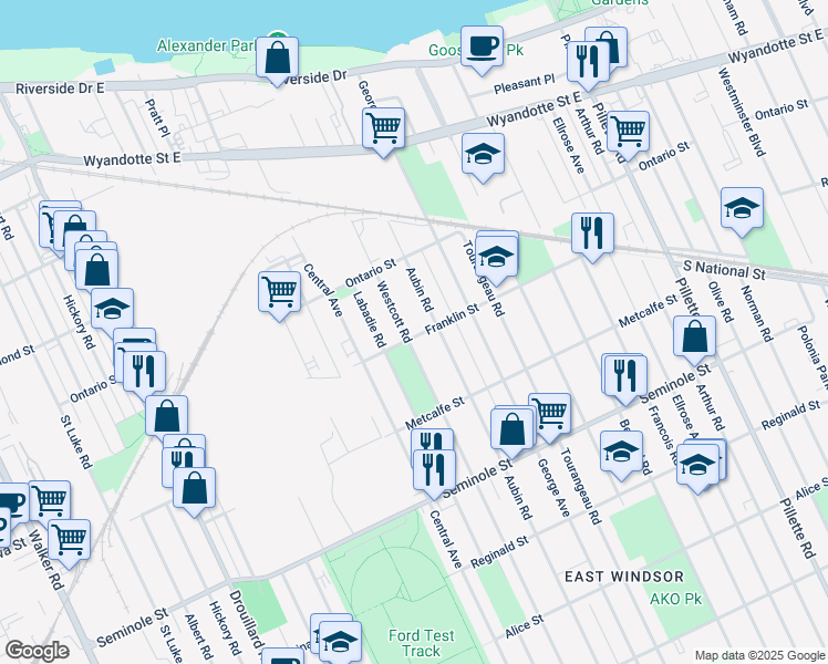 map of restaurants, bars, coffee shops, grocery stores, and more near 1287 Westcott Road in Windsor