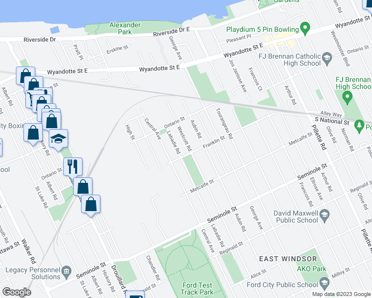 map of restaurants, bars, coffee shops, grocery stores, and more near 1287 Westcott Road in Windsor