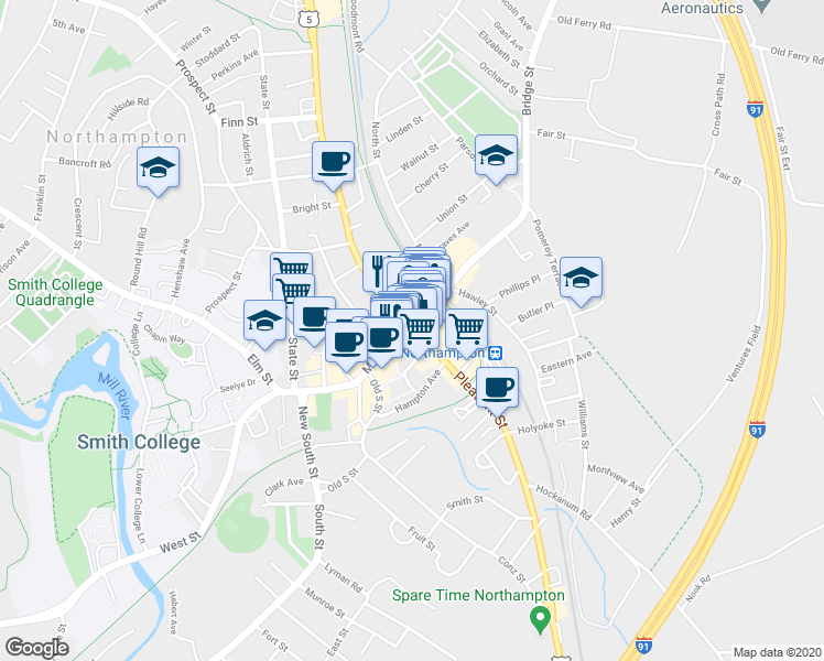map of restaurants, bars, coffee shops, grocery stores, and more near 66 Main Street in Northampton