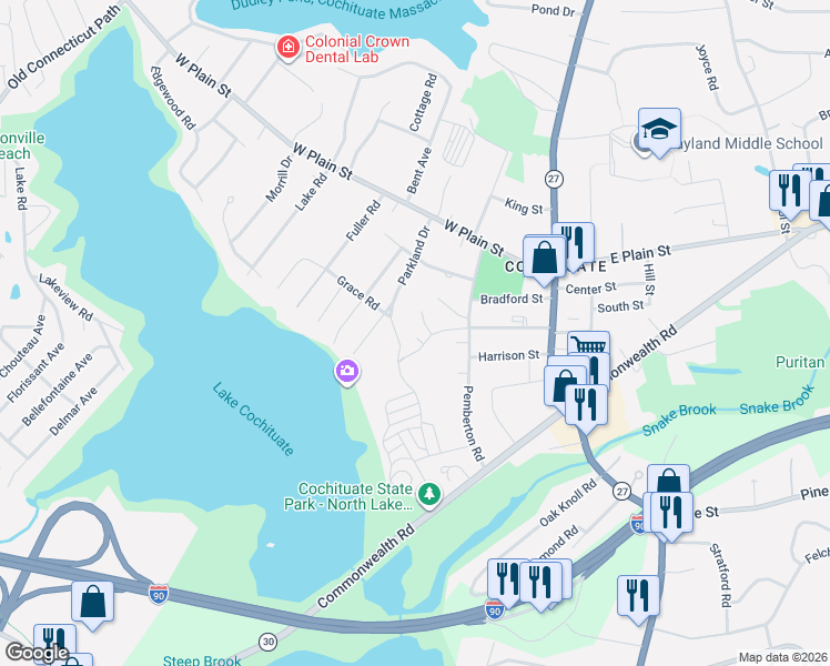 map of restaurants, bars, coffee shops, grocery stores, and more near 23 Shawmut Avenue Extension in Wayland