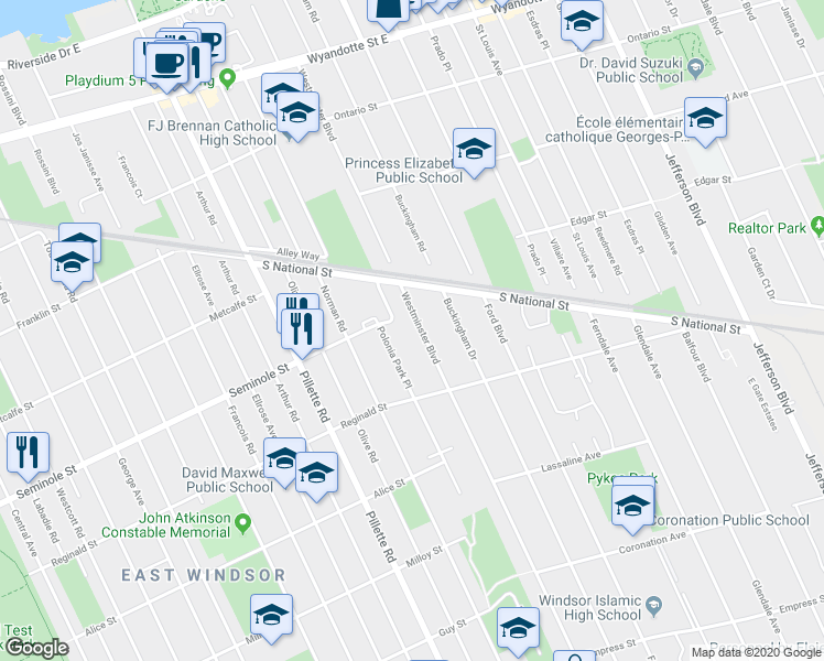 map of restaurants, bars, coffee shops, grocery stores, and more near 1517 Westminster Boulevard in Windsor