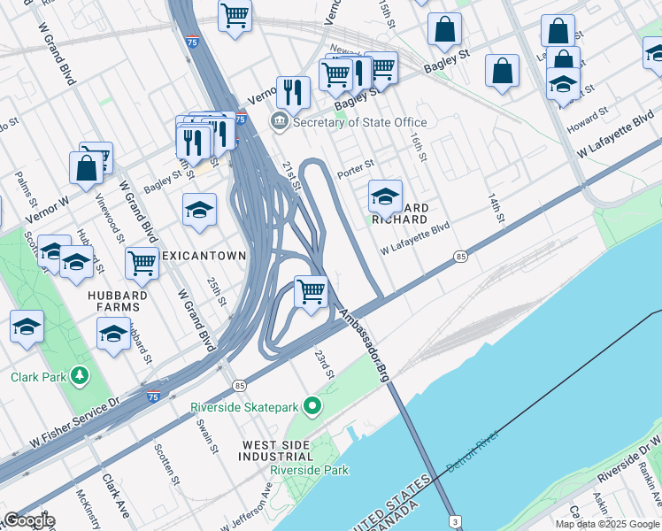 map of restaurants, bars, coffee shops, grocery stores, and more near 1017 21st Street in Detroit