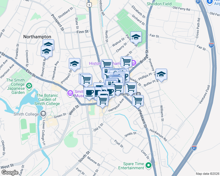 map of restaurants, bars, coffee shops, grocery stores, and more near 99 Main Street in Northampton