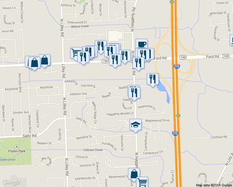 map of restaurants, bars, coffee shops, grocery stores, and more near 41687 Bedford Drive in Canton