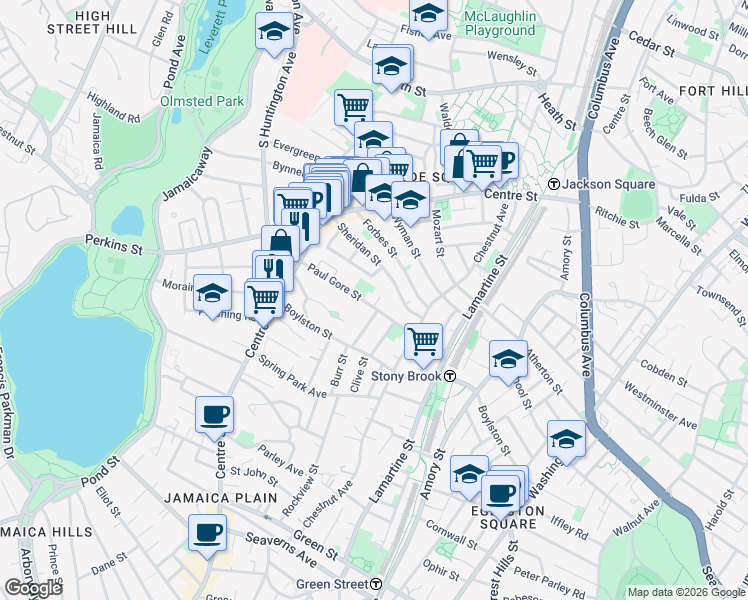 map of restaurants, bars, coffee shops, grocery stores, and more near 80 Paul Gore Street in Boston
