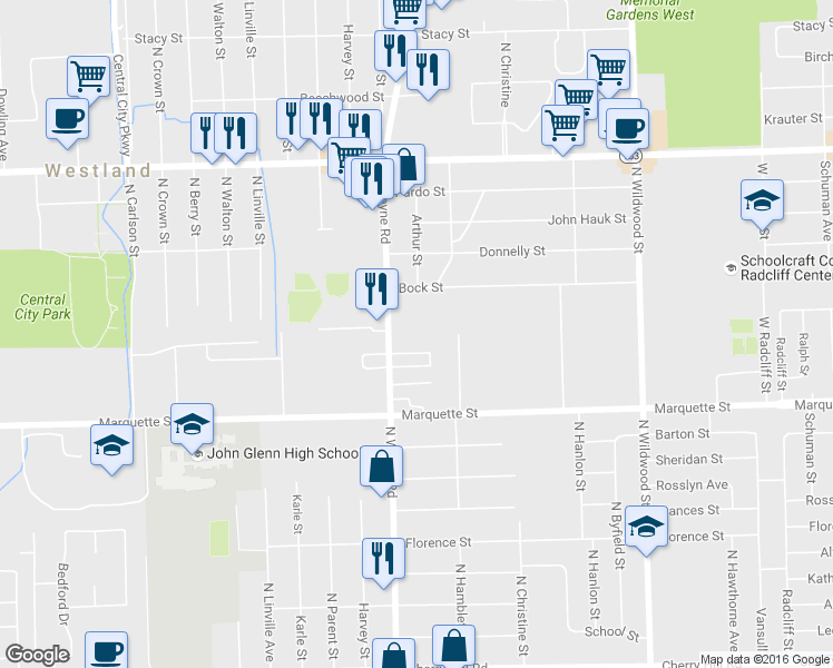 map of restaurants, bars, coffee shops, grocery stores, and more near 1159 Shoemaker Drive in Westland