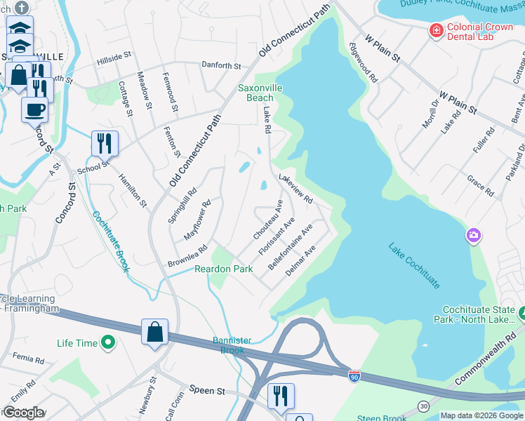 map of restaurants, bars, coffee shops, grocery stores, and more near 18 Lasalle Avenue in Framingham