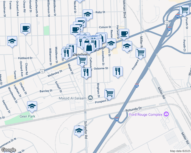 map of restaurants, bars, coffee shops, grocery stores, and more near 4244 Bingham Street in Dearborn