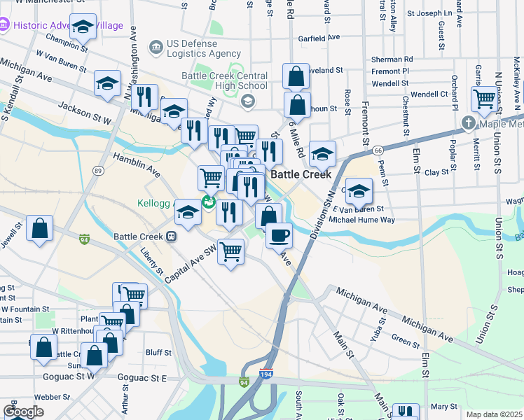 map of restaurants, bars, coffee shops, grocery stores, and more near 9 Capital Ave NE in Battle Creek