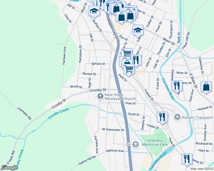 map of restaurants, bars, coffee shops, grocery stores, and more near 305 Canisteo Street in Hornell