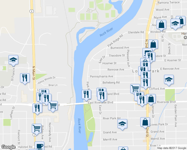 map of restaurants, bars, coffee shops, grocery stores, and more near 114 Pennsylvania Avenue in Loves Park