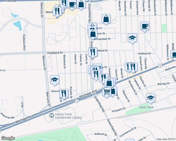 map of restaurants, bars, coffee shops, grocery stores, and more near 4720 Curtis Street in Dearborn