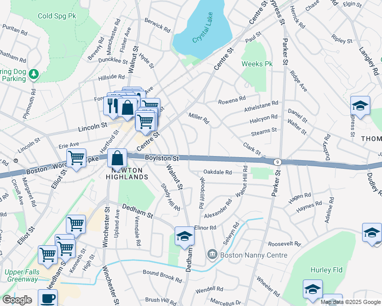 map of restaurants, bars, coffee shops, grocery stores, and more near 70 Woodcliff Road in Newton