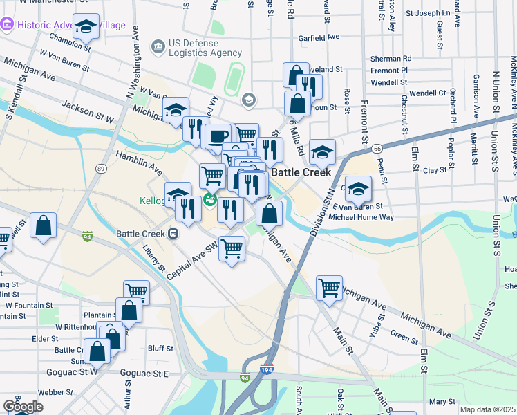 map of restaurants, bars, coffee shops, grocery stores, and more near 9 Capital Avenue Northeast in Battle Creek