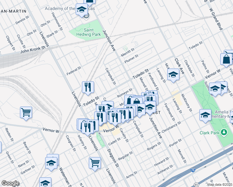 map of restaurants, bars, coffee shops, grocery stores, and more near 2221 Campbell Street in Detroit