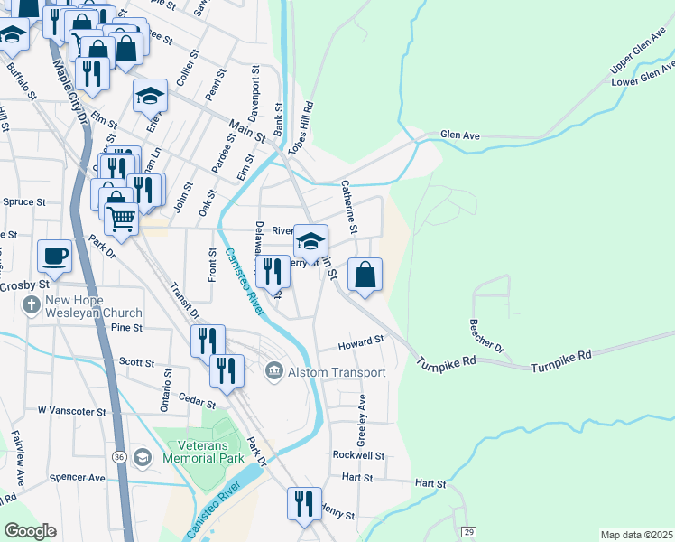 map of restaurants, bars, coffee shops, grocery stores, and more near 90 E Main St in Hornell