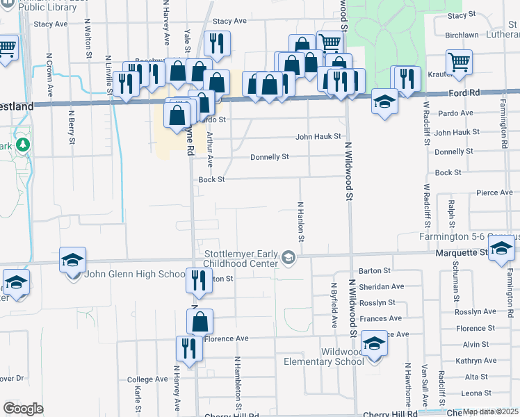 map of restaurants, bars, coffee shops, grocery stores, and more near 1354 Shoemaker Drive in Westland