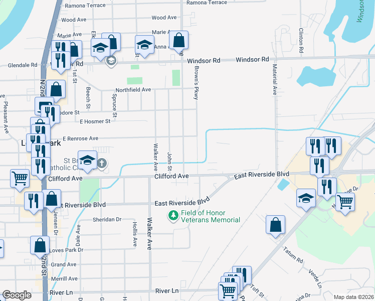 map of restaurants, bars, coffee shops, grocery stores, and more near 6136 Elm Avenue in Loves Park