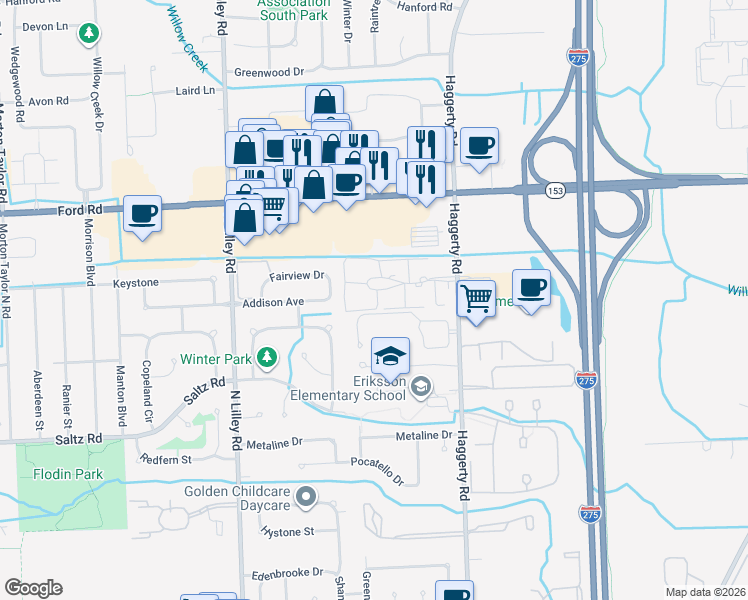 map of restaurants, bars, coffee shops, grocery stores, and more near 41729 Bedford Drive in Canton