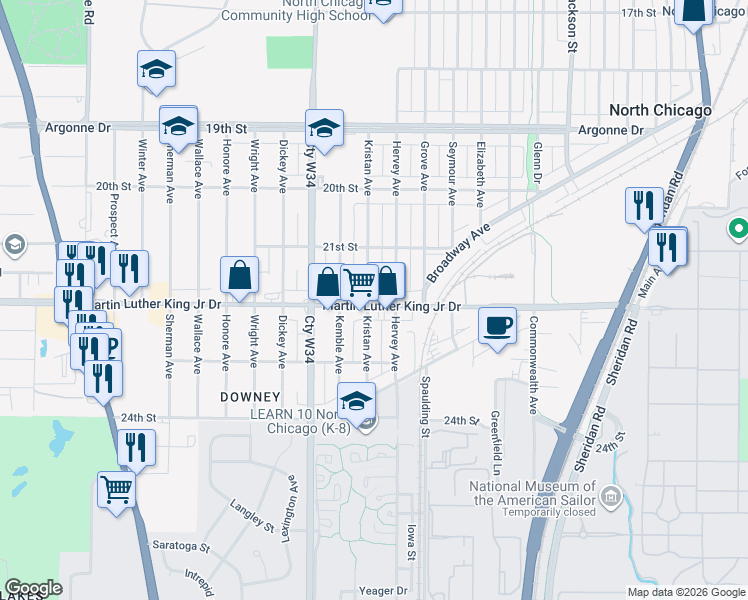 map of restaurants, bars, coffee shops, grocery stores, and more near 1718 Martin Luther King Junior Drive in North Chicago