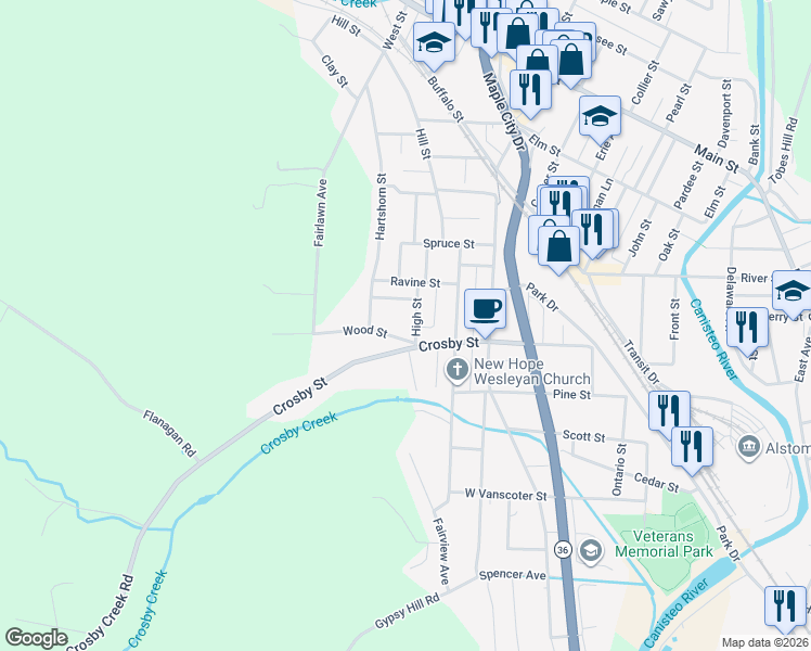 map of restaurants, bars, coffee shops, grocery stores, and more near 259 High St in Hornell
