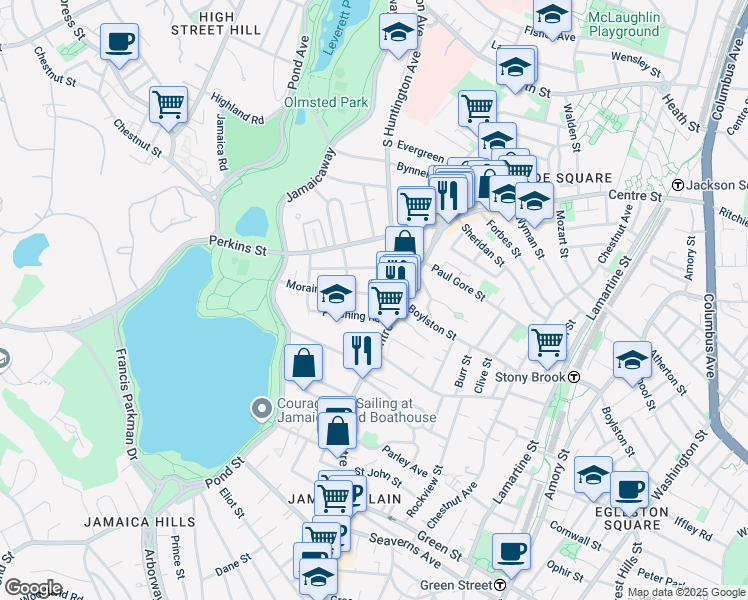 map of restaurants, bars, coffee shops, grocery stores, and more near 30 Moraine Street in Boston