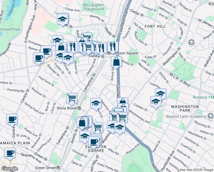 map of restaurants, bars, coffee shops, grocery stores, and more near 112 Amory Street in Boston