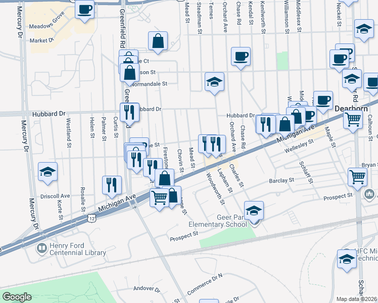 map of restaurants, bars, coffee shops, grocery stores, and more near 4625 Mead Street in Dearborn