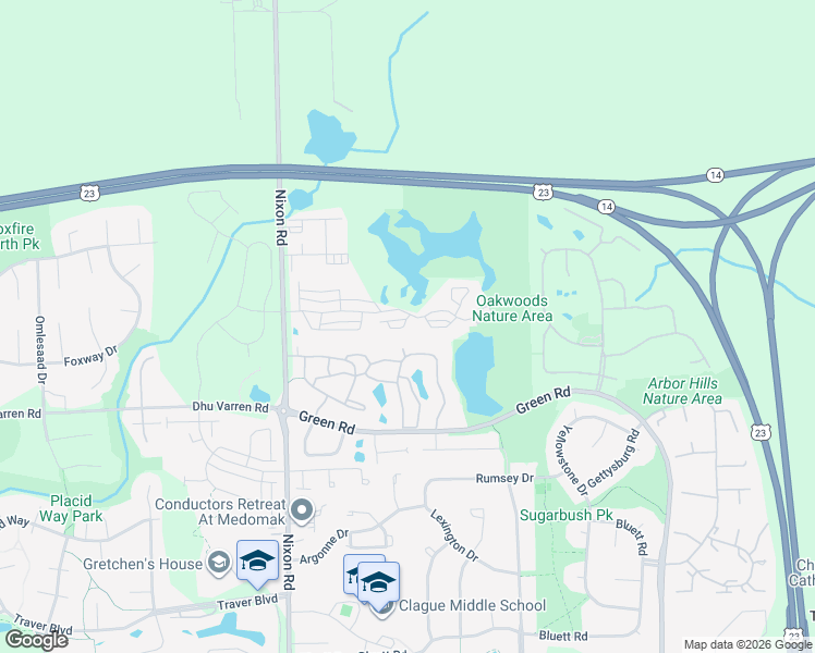 map of restaurants, bars, coffee shops, grocery stores, and more near 2974 Barclay Way in Ann Arbor