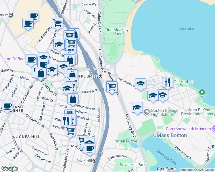 map of restaurants, bars, coffee shops, grocery stores, and more near 35 William T Morrissey Boulevard in Boston