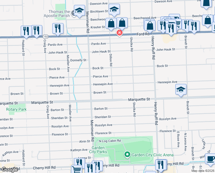 map of restaurants, bars, coffee shops, grocery stores, and more near 31035 Hennepin Avenue in Garden City