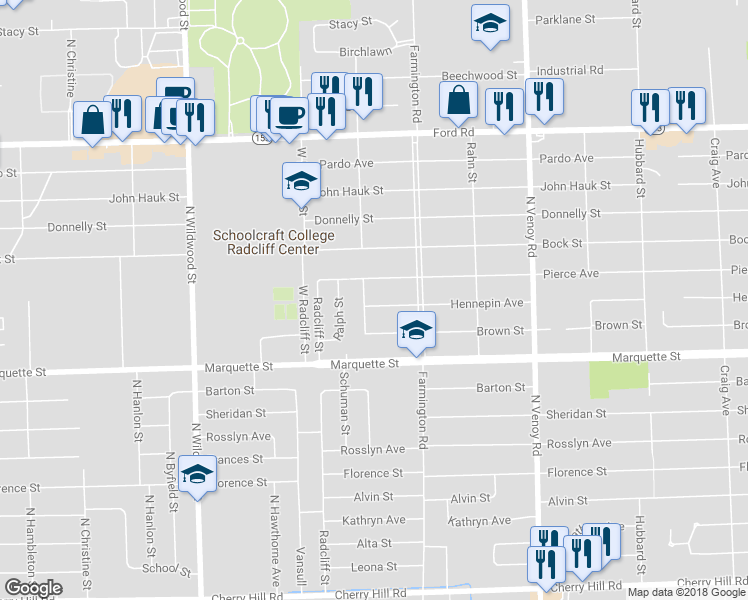 map of restaurants, bars, coffee shops, grocery stores, and more near 33544 Hennepin Avenue in Garden City