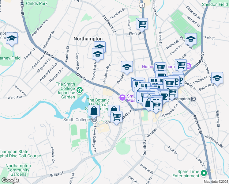 map of restaurants, bars, coffee shops, grocery stores, and more near 62 Elm Street in Northampton