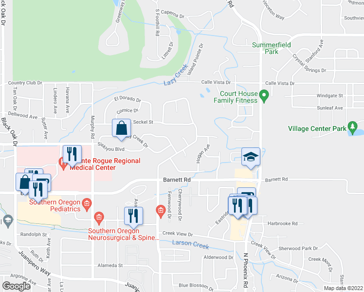 map of restaurants, bars, coffee shops, grocery stores, and more near 540 Golf View Drive in Medford