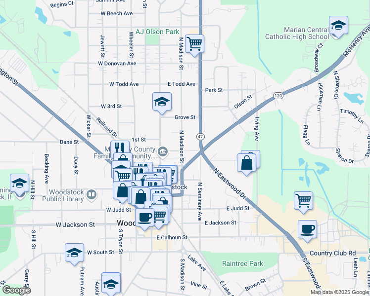 map of restaurants, bars, coffee shops, grocery stores, and more near 602 North Madison Street in Woodstock