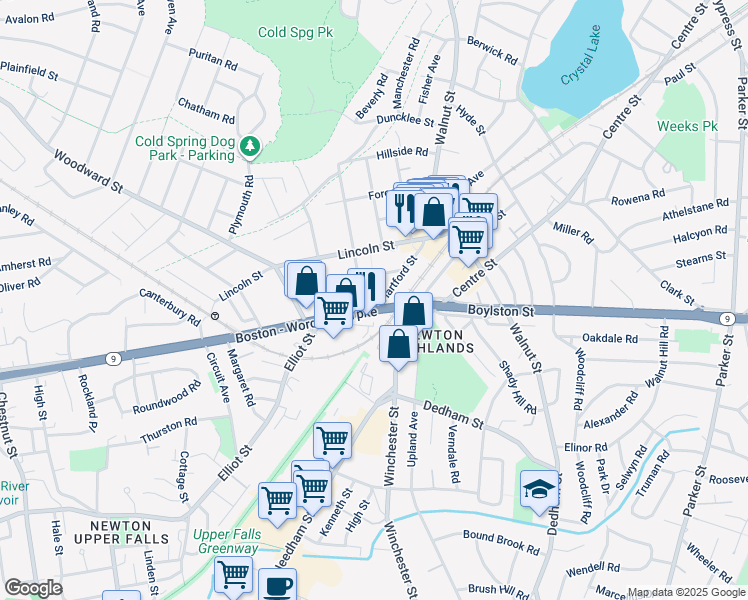 map of restaurants, bars, coffee shops, grocery stores, and more near 77 Hartford Street in Newton