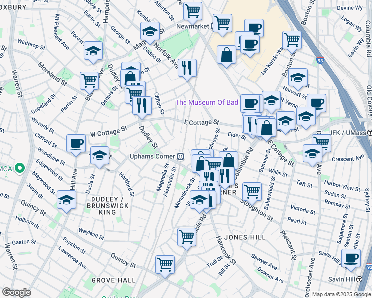 map of restaurants, bars, coffee shops, grocery stores, and more near 16-18 Humphreys Place in Boston