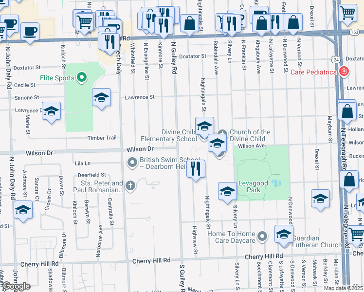 map of restaurants, bars, coffee shops, grocery stores, and more near 1114 North Gulley Road in Dearborn