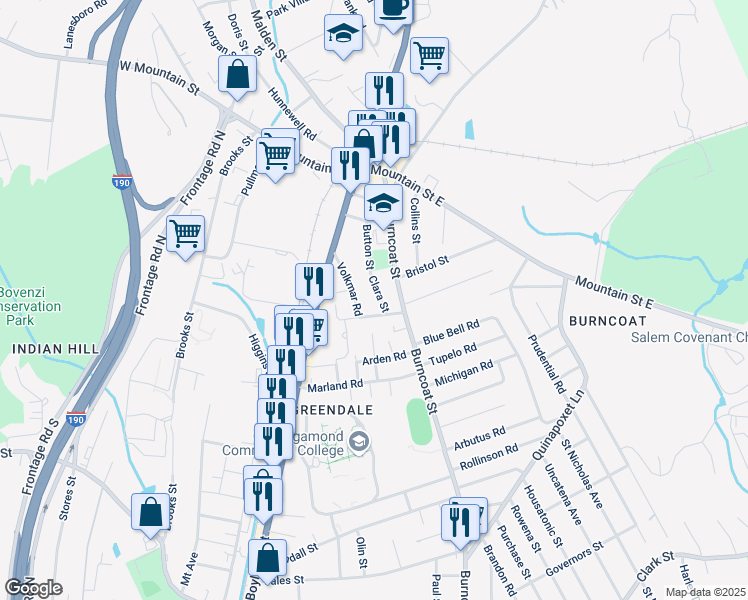 map of restaurants, bars, coffee shops, grocery stores, and more near 8 Clara Street in Worcester