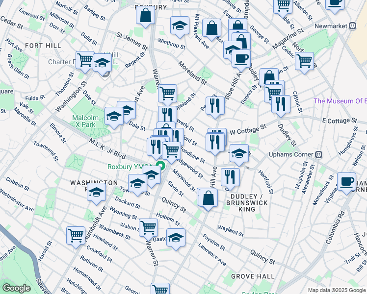 map of restaurants, bars, coffee shops, grocery stores, and more near 12 Woodbine Street in Boston