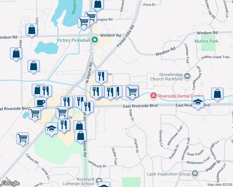 map of restaurants, bars, coffee shops, grocery stores, and more near 4137 Old Golf Road in Loves Park