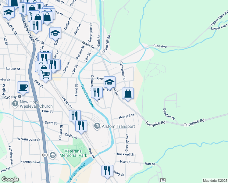 map of restaurants, bars, coffee shops, grocery stores, and more near 173 Terry Street in Hornell
