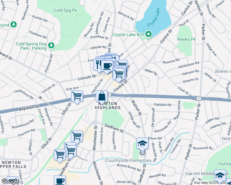 map of restaurants, bars, coffee shops, grocery stores, and more near 1670 Centre Street in Newton