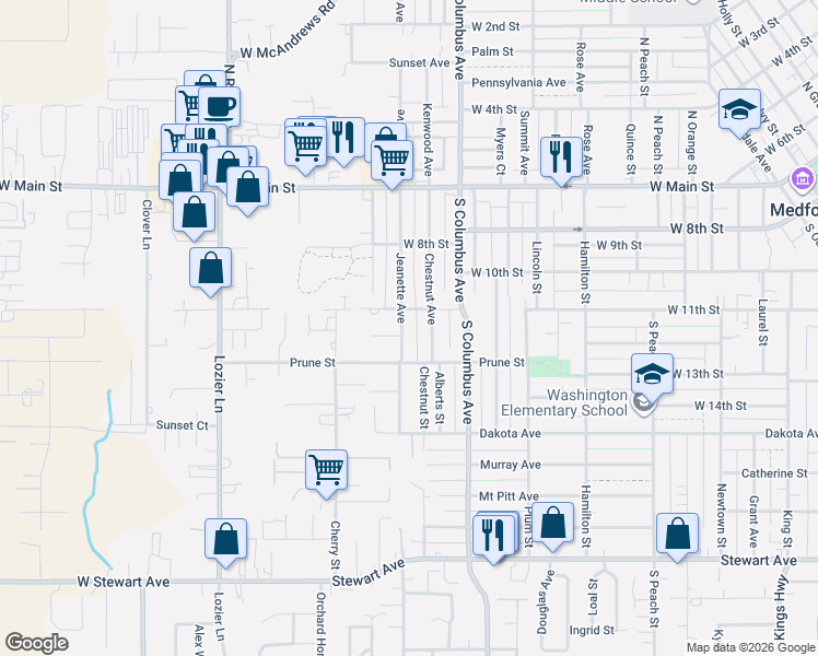 map of restaurants, bars, coffee shops, grocery stores, and more near 317 Jeanette Avenue in Medford