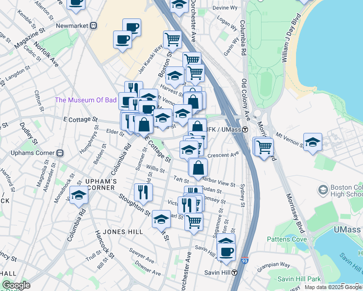 map of restaurants, bars, coffee shops, grocery stores, and more near 27 Edison Green in Boston