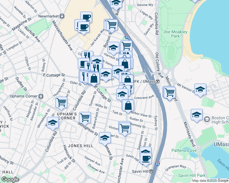 map of restaurants, bars, coffee shops, grocery stores, and more near 27 Edison Green in Boston