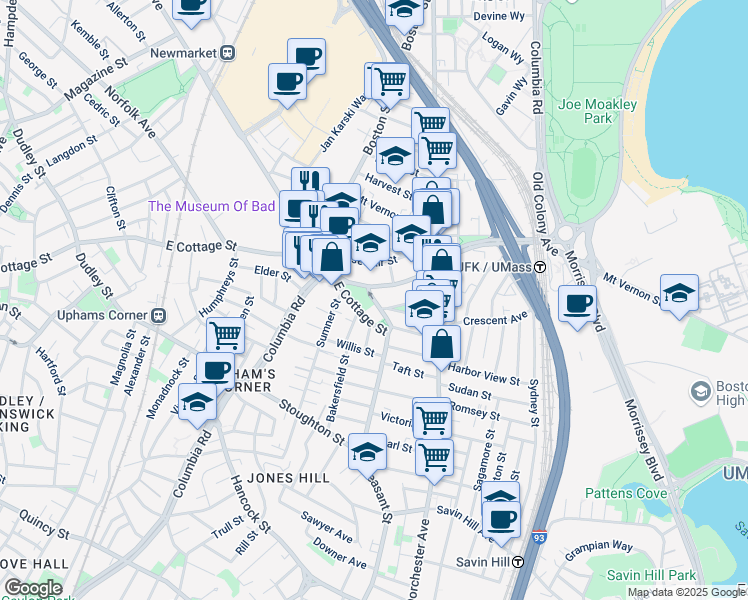 map of restaurants, bars, coffee shops, grocery stores, and more near 11 Pond Street in Boston