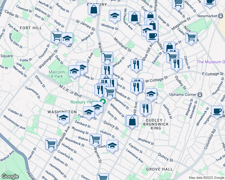 map of restaurants, bars, coffee shops, grocery stores, and more near 14 Woodbine Street in Boston