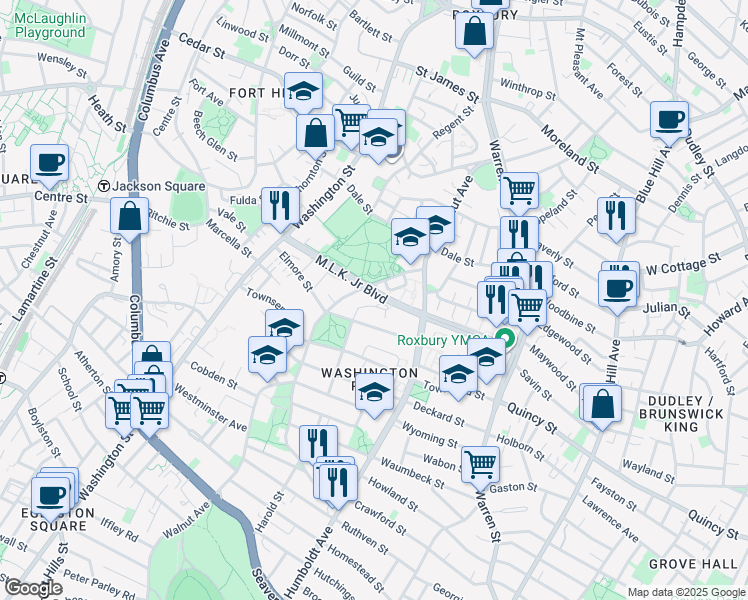 map of restaurants, bars, coffee shops, grocery stores, and more near 21 Harold Street in Boston