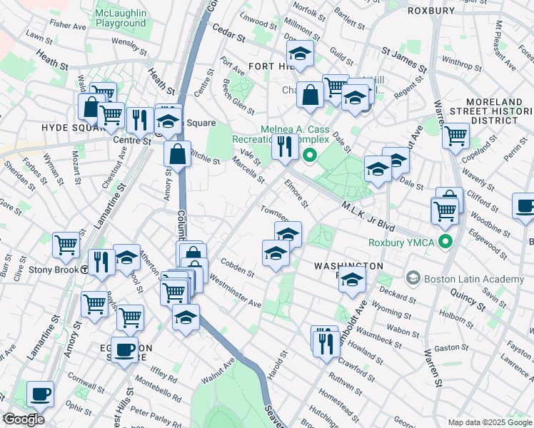 map of restaurants, bars, coffee shops, grocery stores, and more near 43 Codman Park in Boston